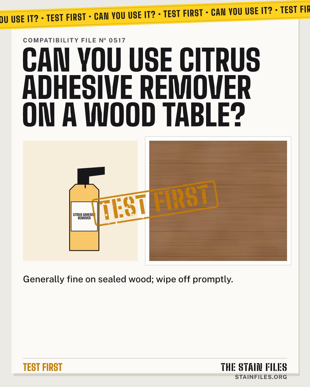 Can you use citrus adhesive remover on a wood table? Verdict: Test first