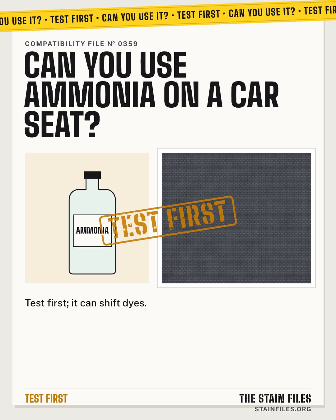 Can you use ammonia on a car seat? Verdict: Test first
