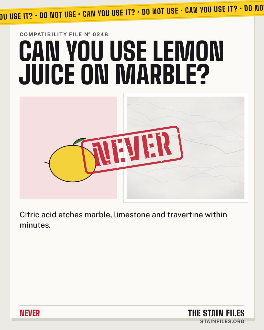 Can you use lemon juice on marble? Verdict: Never
