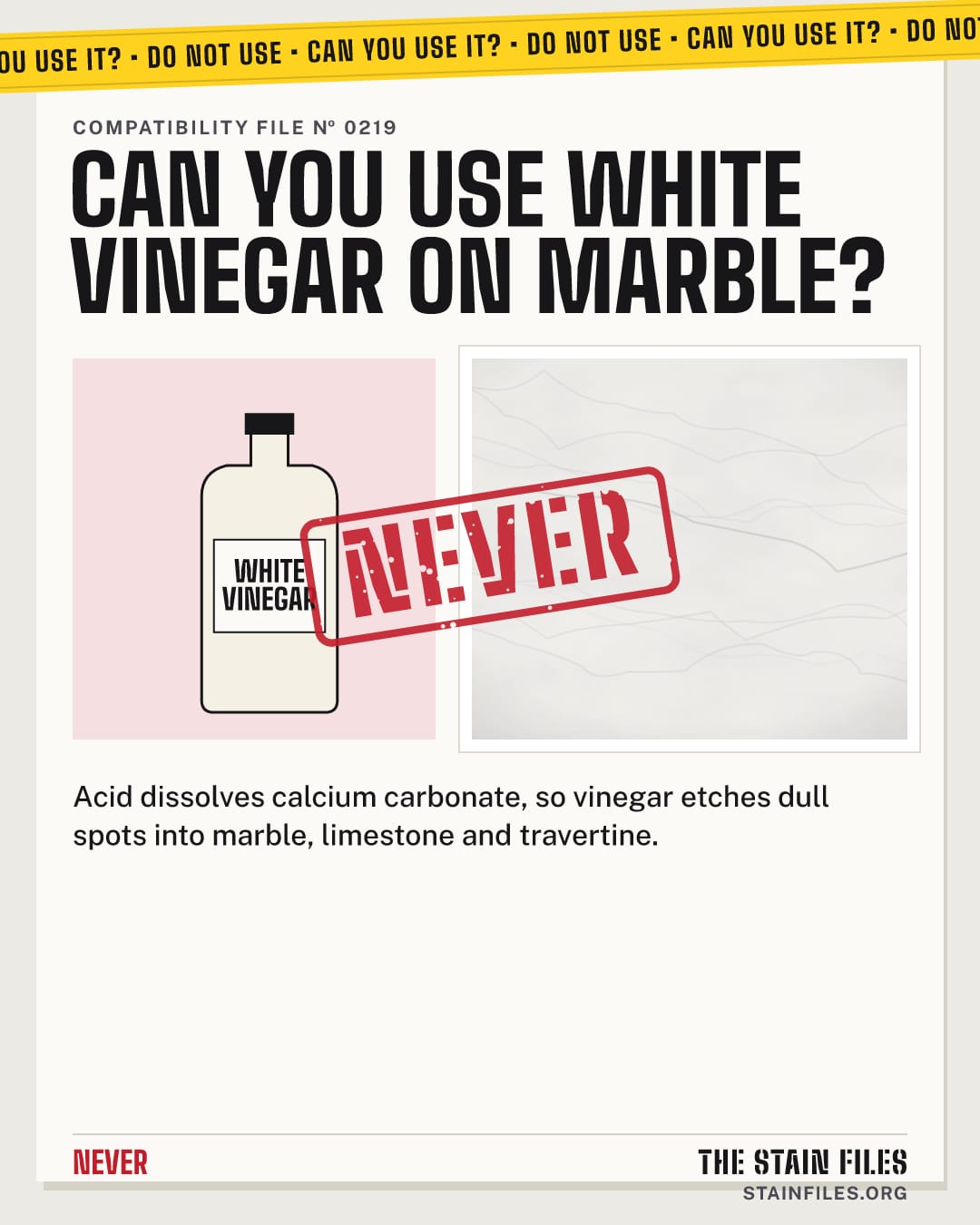 Can you use white vinegar on marble? Verdict: Never
