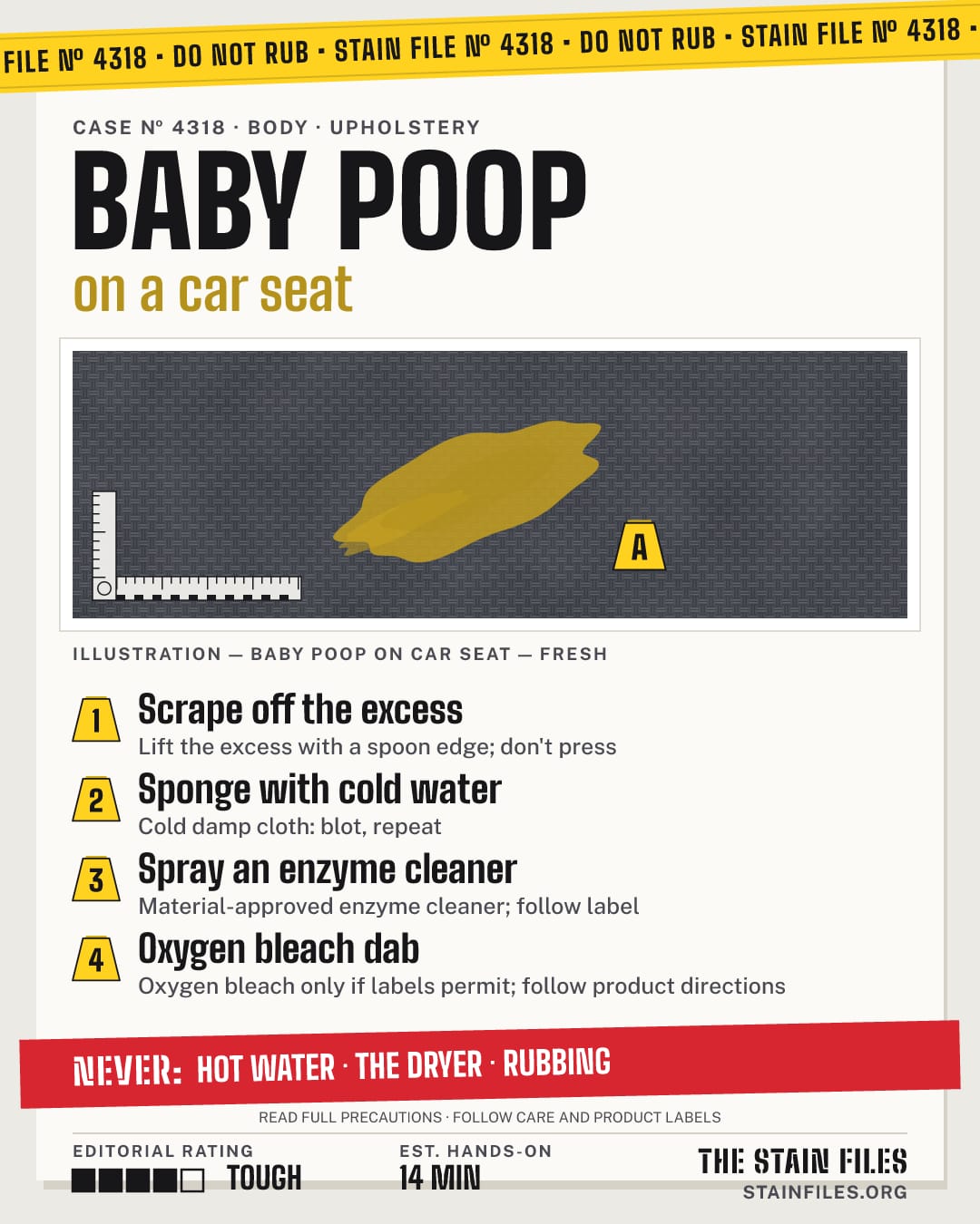 Stain file 4318: how to remove baby poop from a car seat, step by step, with what never to use