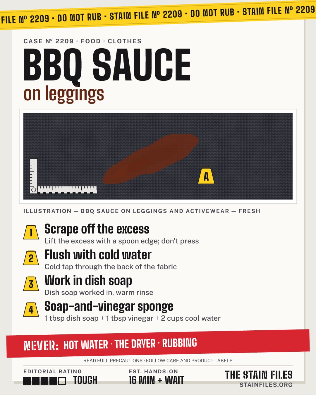 Stain file 2209: how to remove BBQ sauce from leggings, step by step, with what never to use