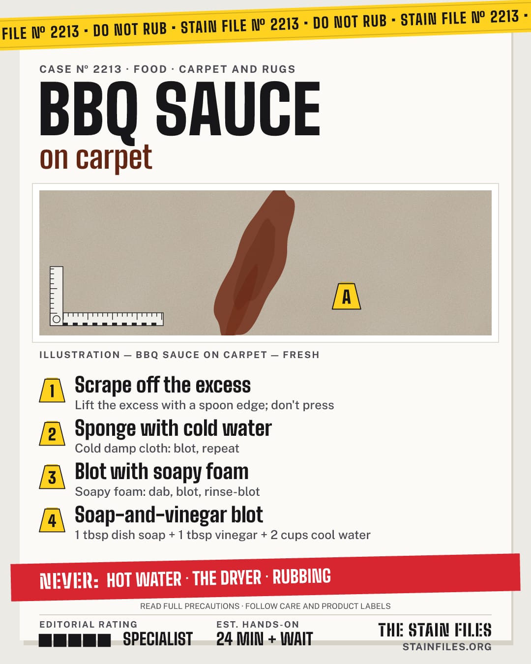 Stain file 2213: how to remove BBQ sauce from carpet, step by step, with what never to use