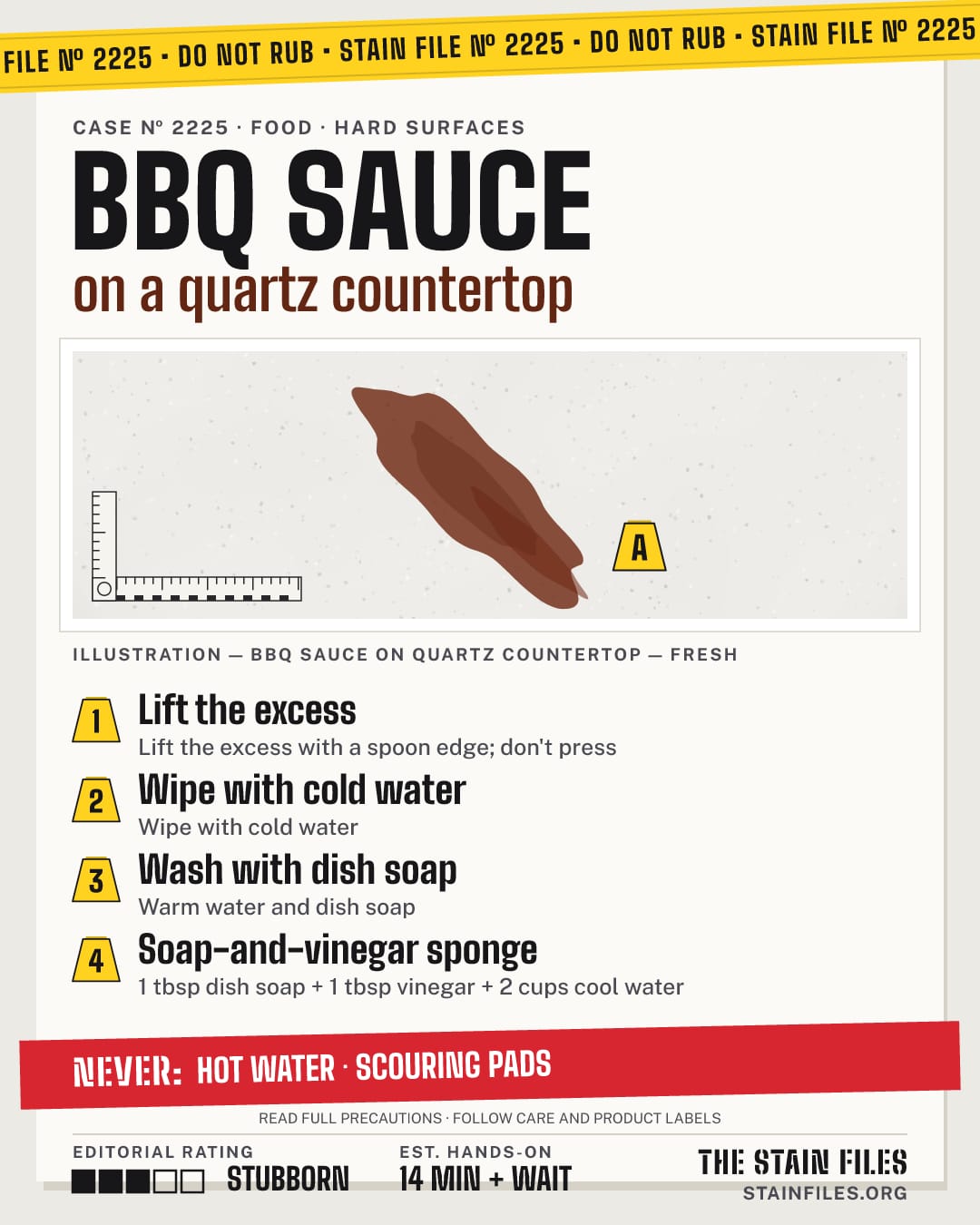 Stain file 2225: how to remove BBQ sauce from a quartz countertop, step by step, with what never to use