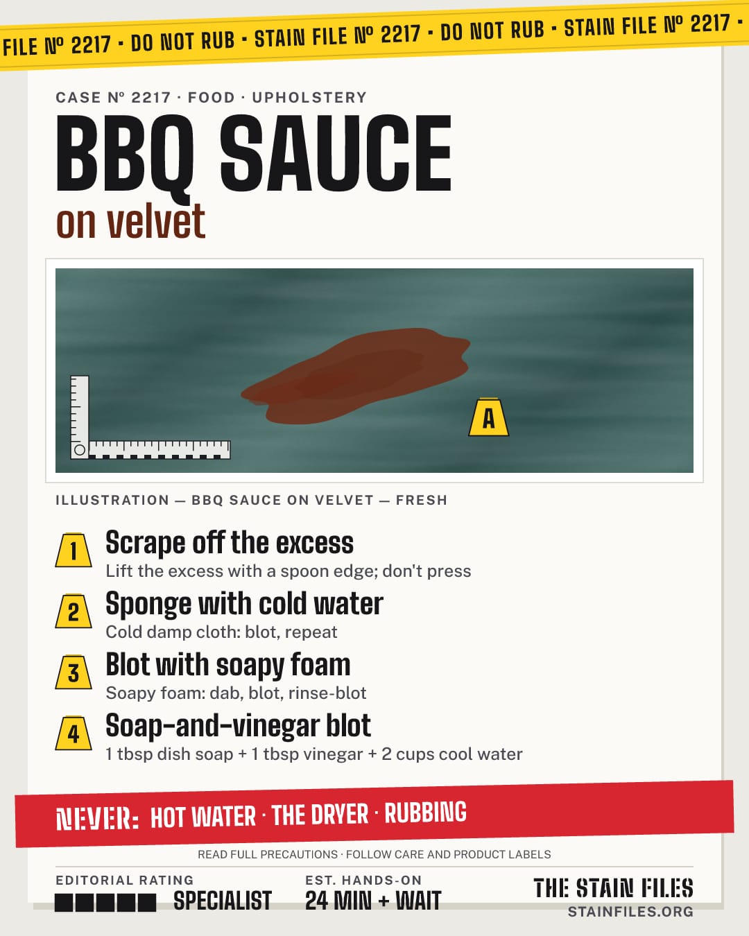 Stain file 2217: how to remove BBQ sauce from velvet, step by step, with what never to use