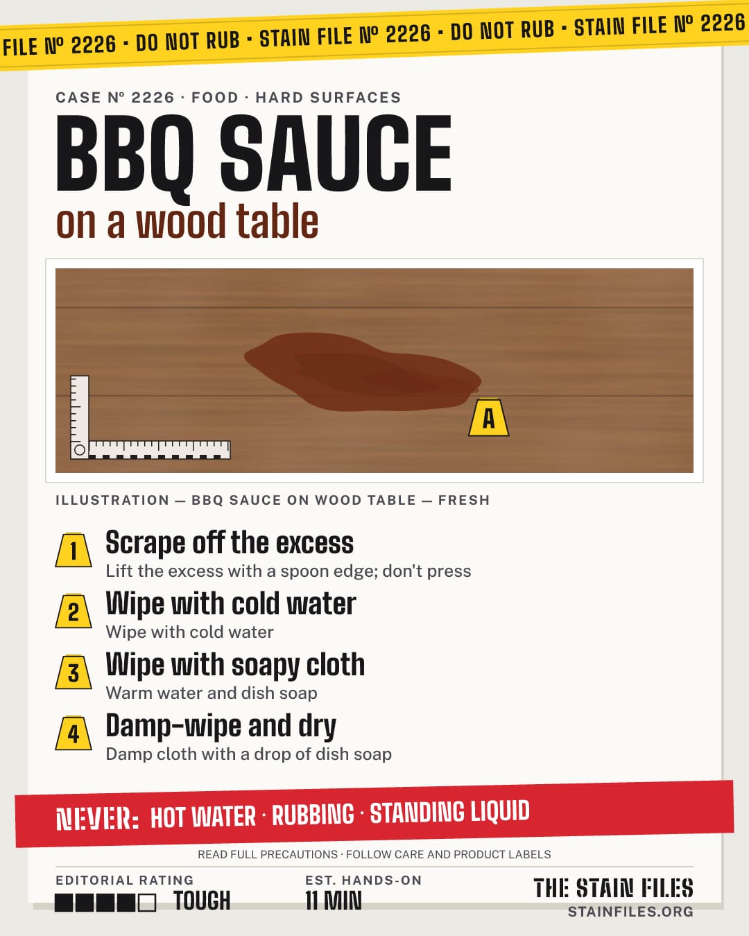 Stain file 2226: how to remove BBQ sauce from a wood table, step by step, with what never to use