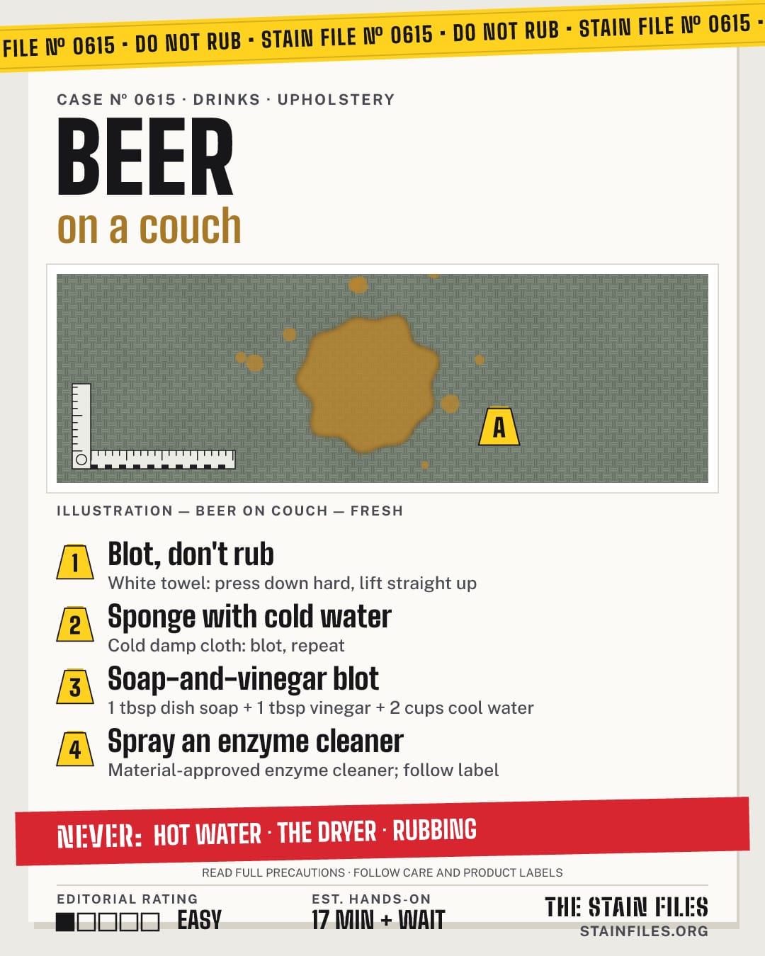 Stain file 0615: how to remove beer from a couch, step by step, with what never to use