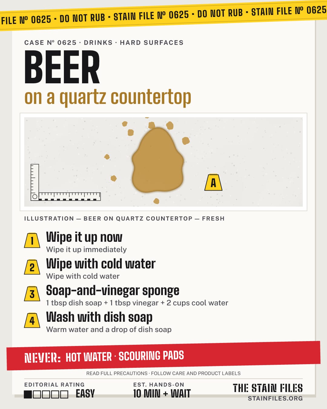 Stain file 0625: how to remove beer from a quartz countertop, step by step, with what never to use