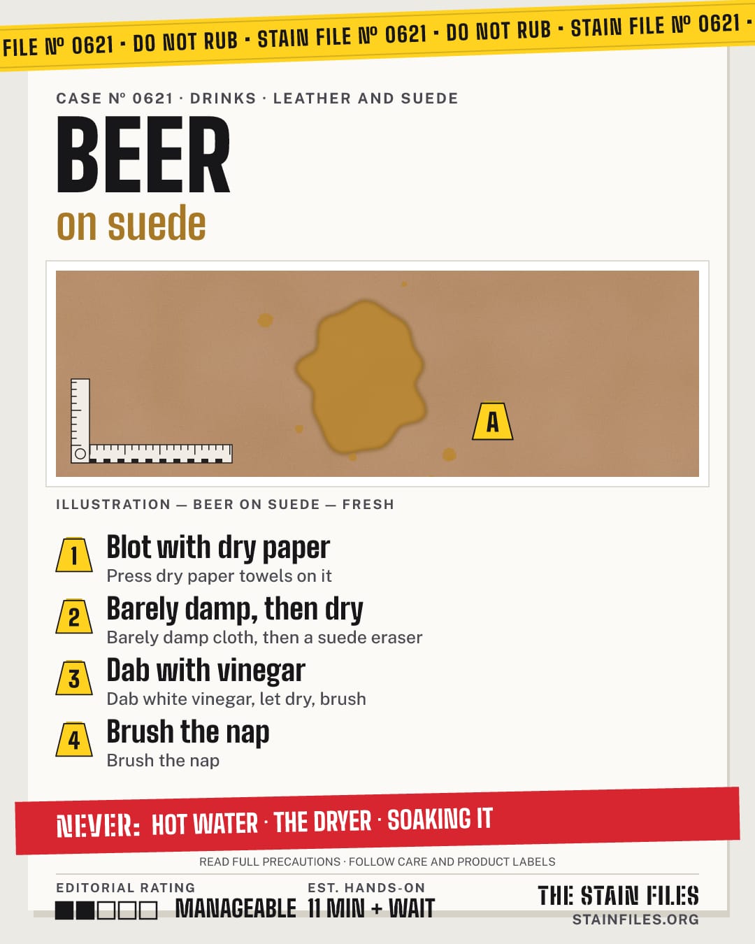 Stain file 0621: how to remove beer from suede, step by step, with what never to use