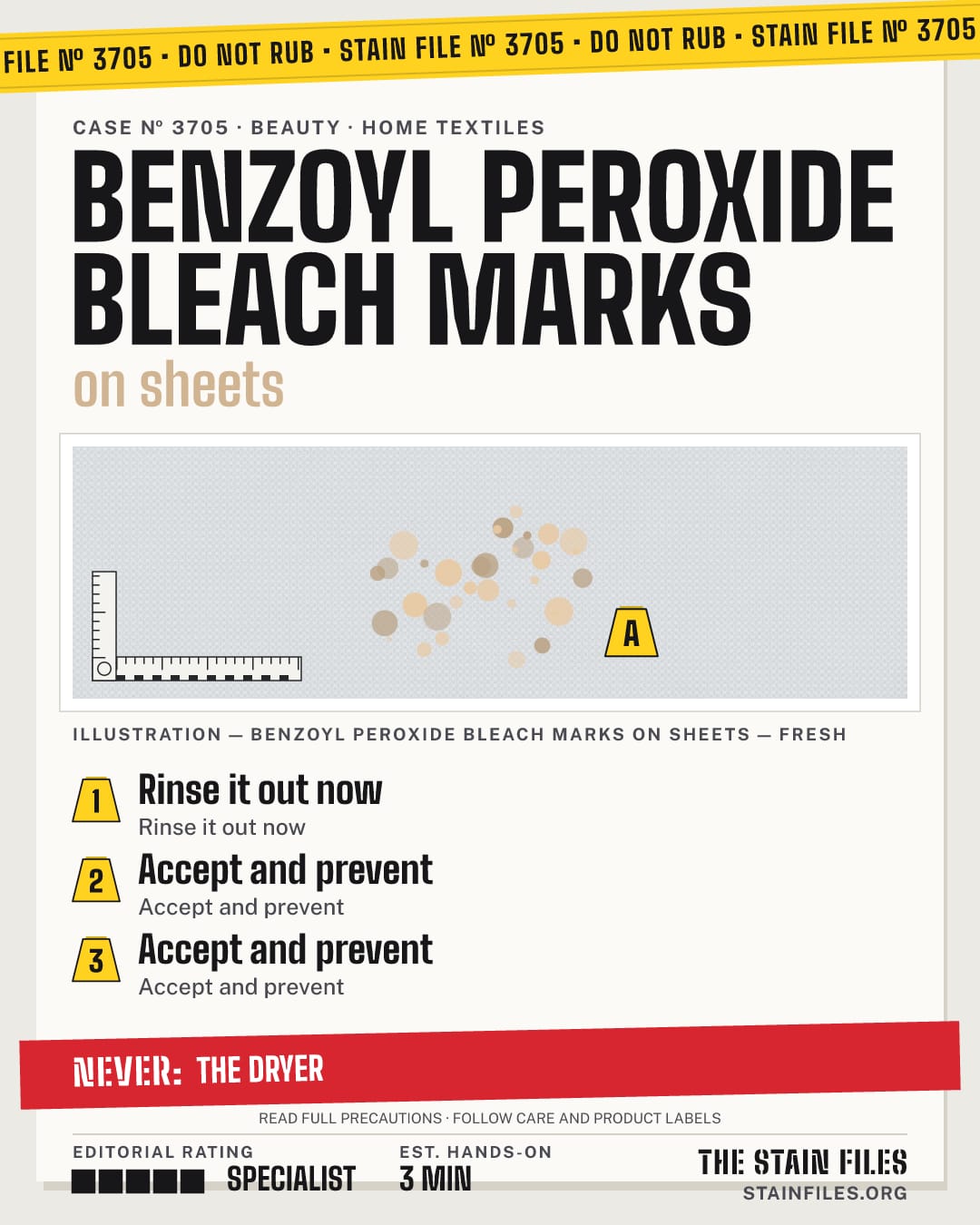 Stain file 3705: how to remove benzoyl peroxide bleach marks from sheets, step by step, with what never to use