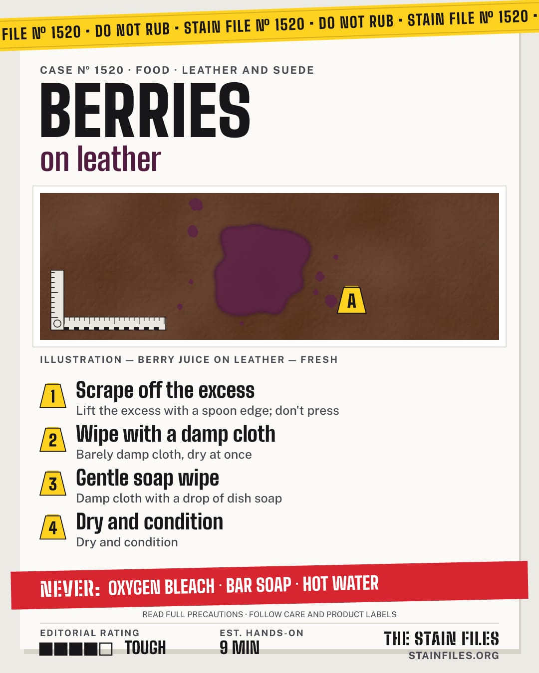 Stain file 1520: how to remove berry juice from leather, step by step, with what never to use