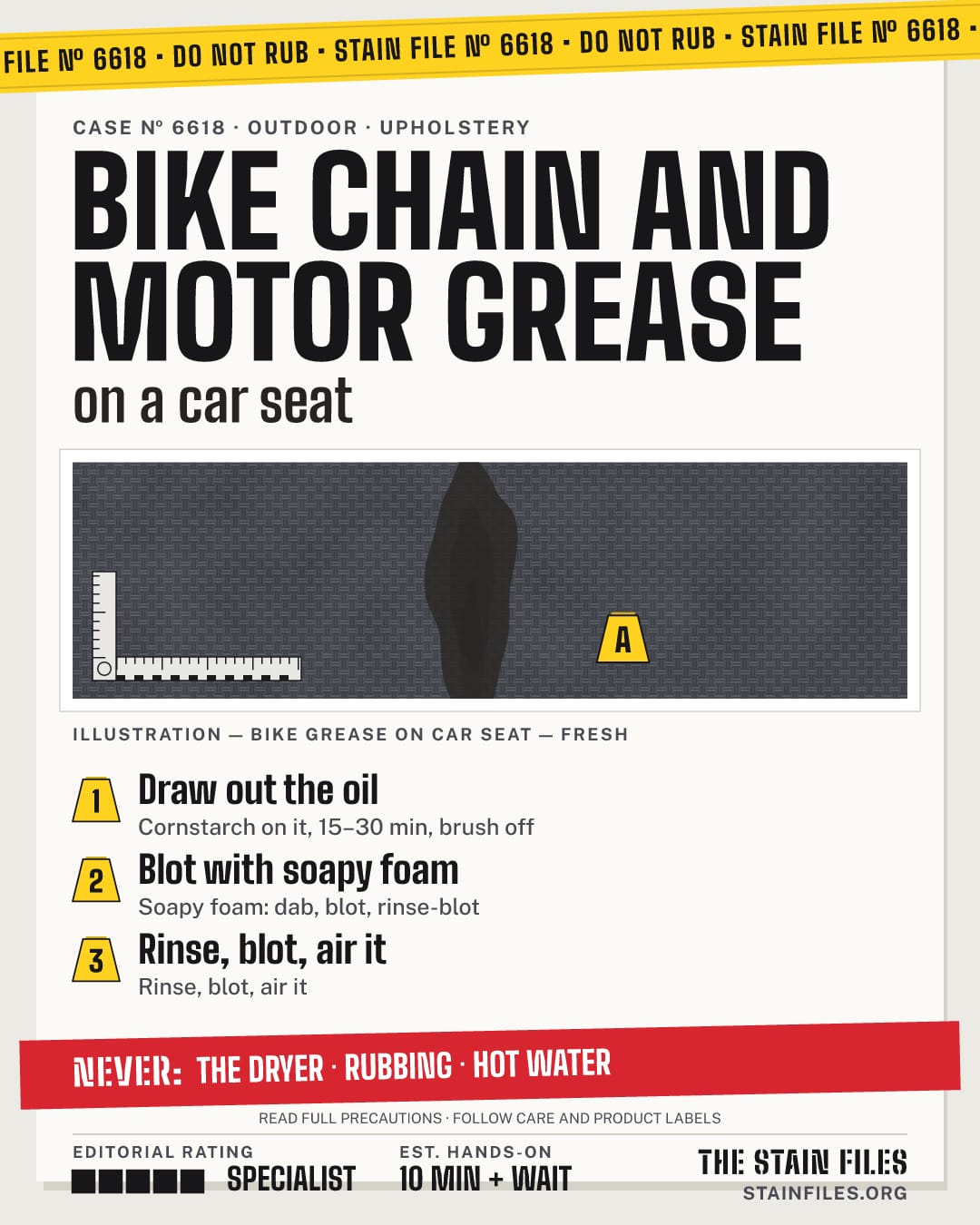 Stain file 6618: how to remove bike grease from a car seat, step by step, with what never to use