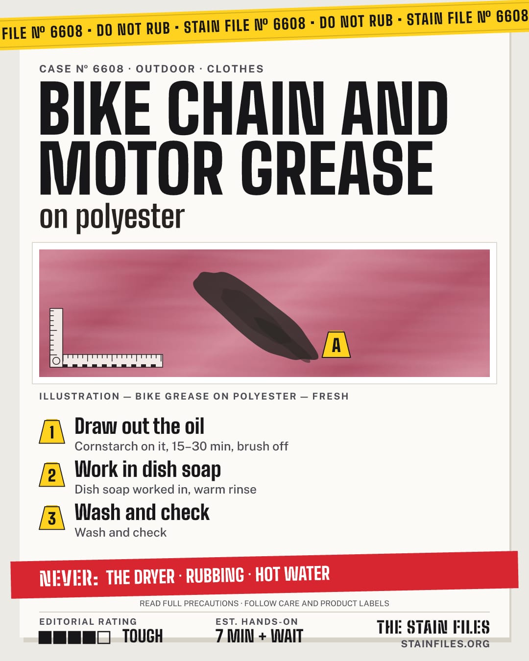 Stain file 6608: how to remove bike grease from polyester, step by step, with what never to use
