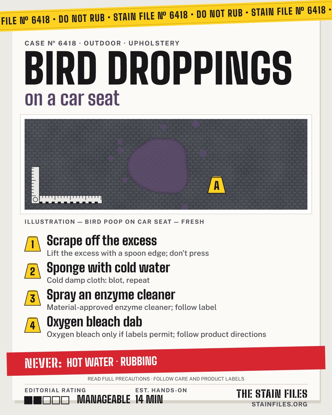 Stain file 6418: how to remove bird poop from a car seat, step by step, with what never to use