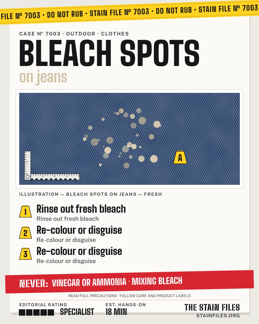 Stain file 7003: how to remove bleach spots from jeans, step by step, with what never to use