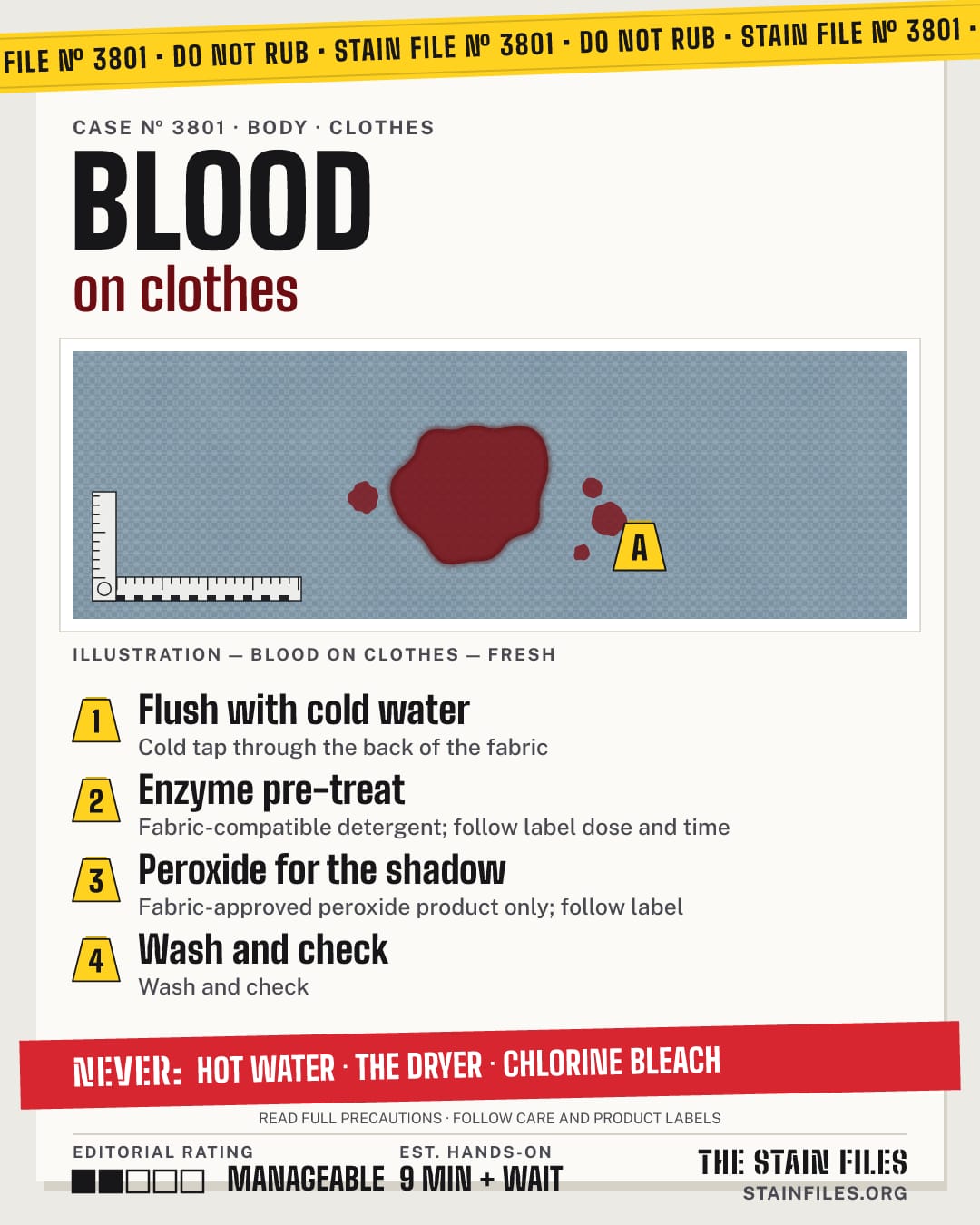 Stain file 3801: how to remove blood from clothes, step by step, with what never to use