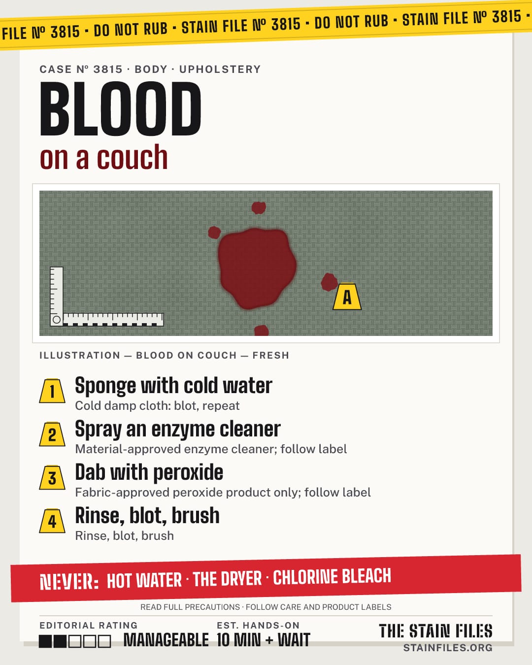 Stain file 3815: how to remove blood from a couch, step by step, with what never to use