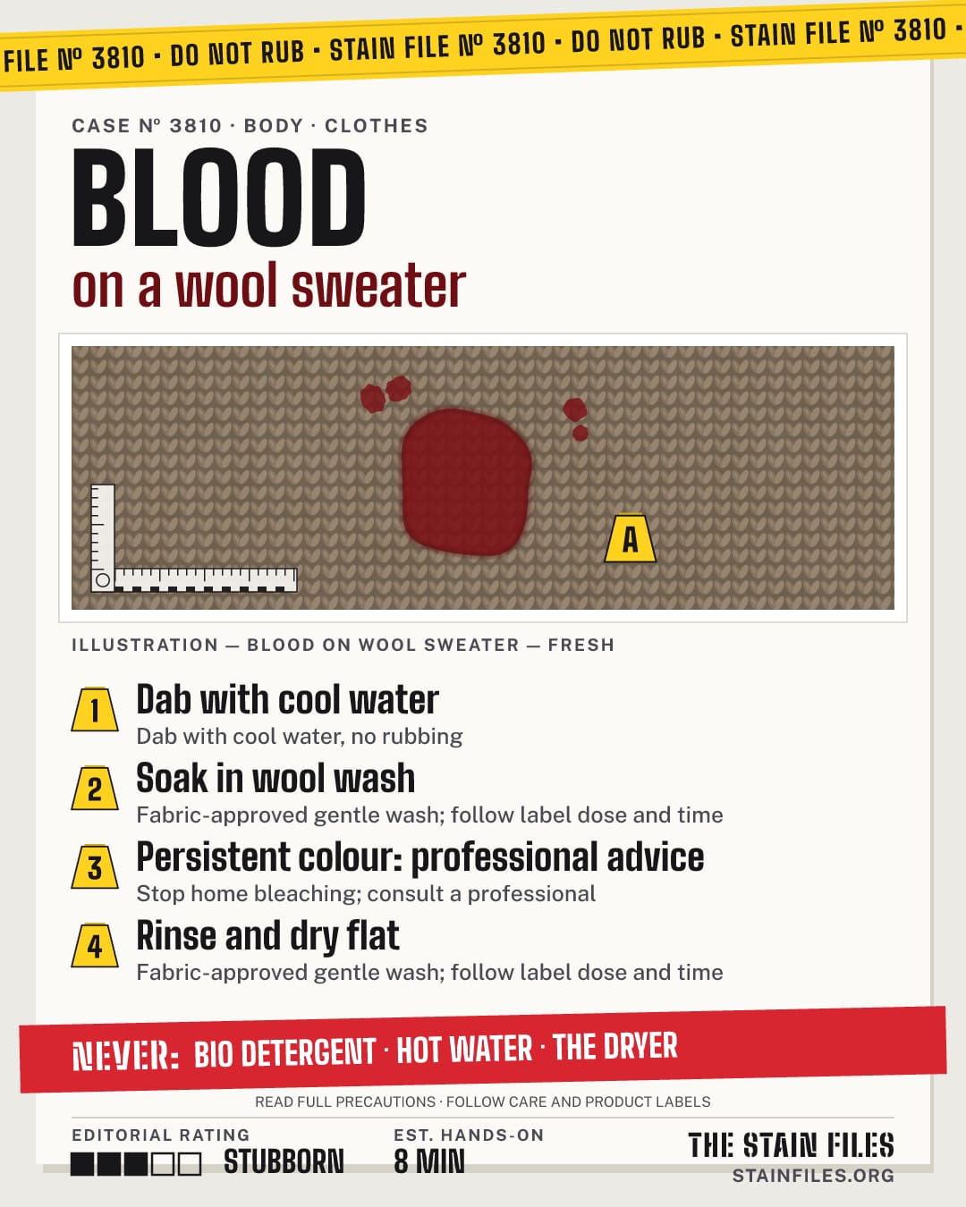 Stain file 3810: how to remove blood from a wool sweater, step by step, with what never to use