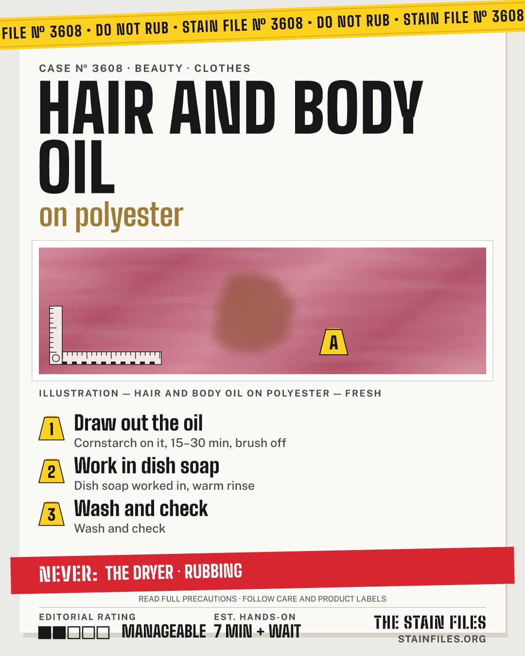 Stain file 3608: how to remove hair and body oil from polyester, step by step, with what never to use