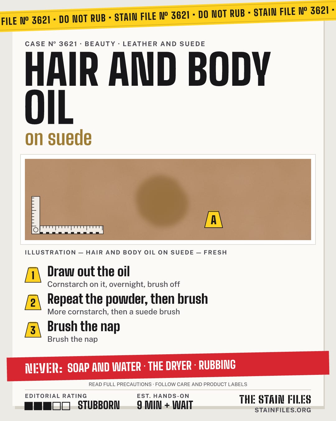 Stain file 3621: how to remove hair and body oil from suede, step by step, with what never to use