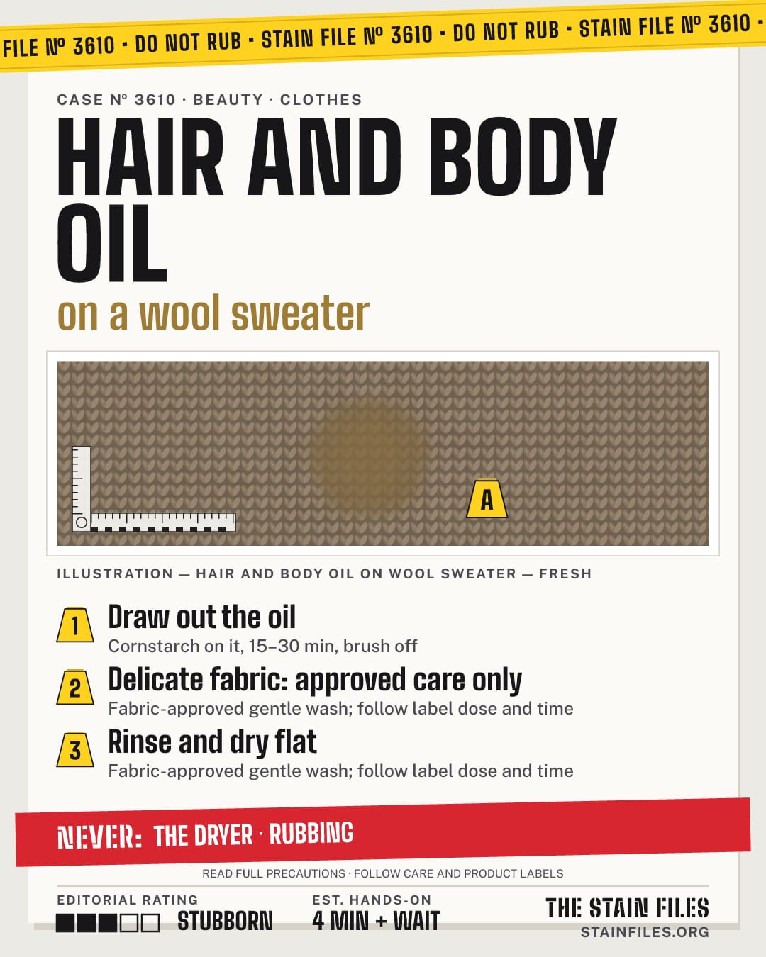 Stain file 3610: how to remove hair and body oil from a wool sweater, step by step, with what never to use