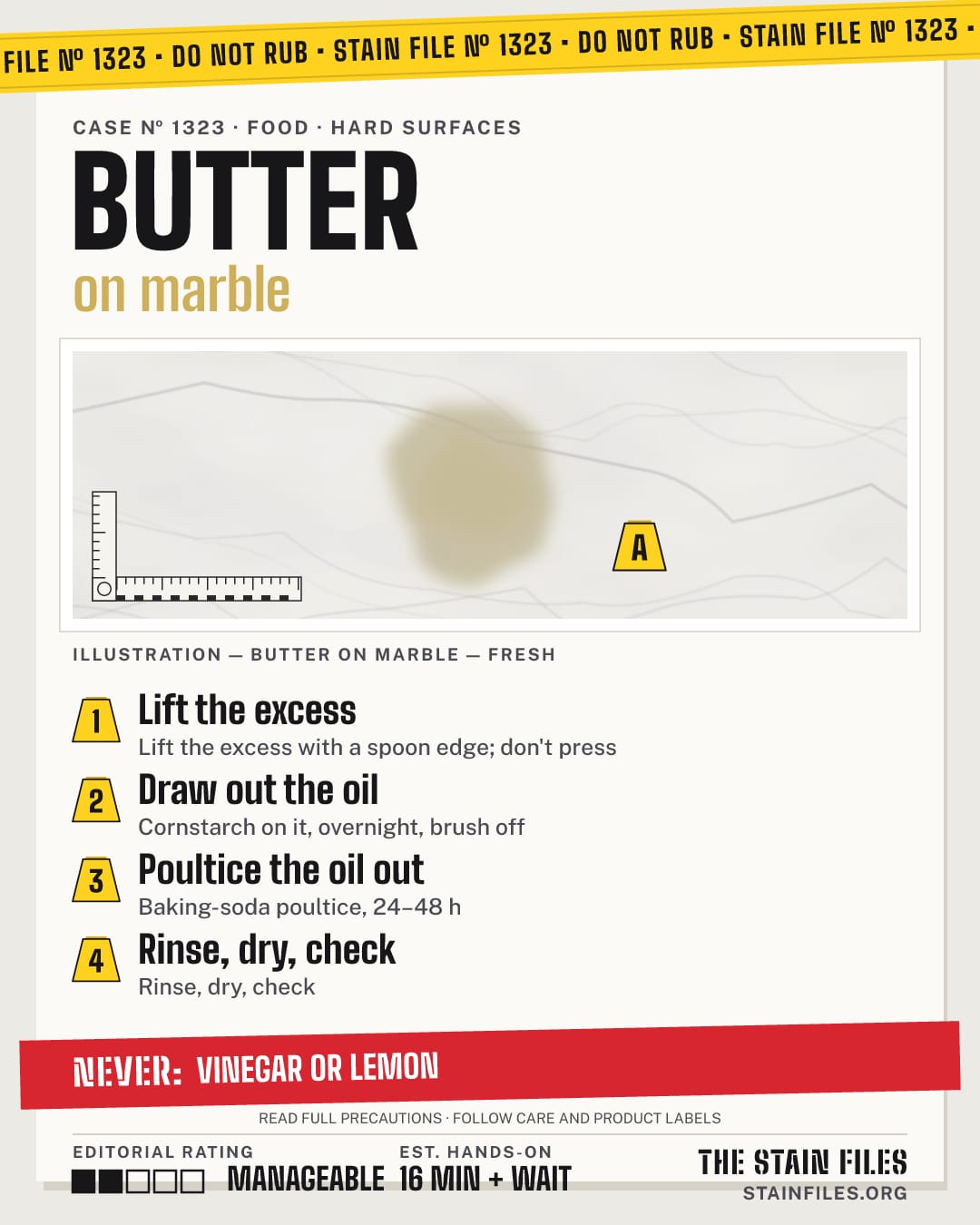 Stain file 1323: how to remove butter from marble, step by step, with what never to use