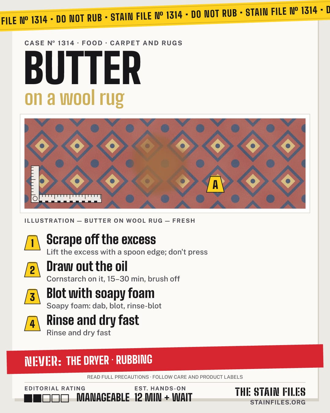Stain file 1314: how to remove butter from a wool rug, step by step, with what never to use