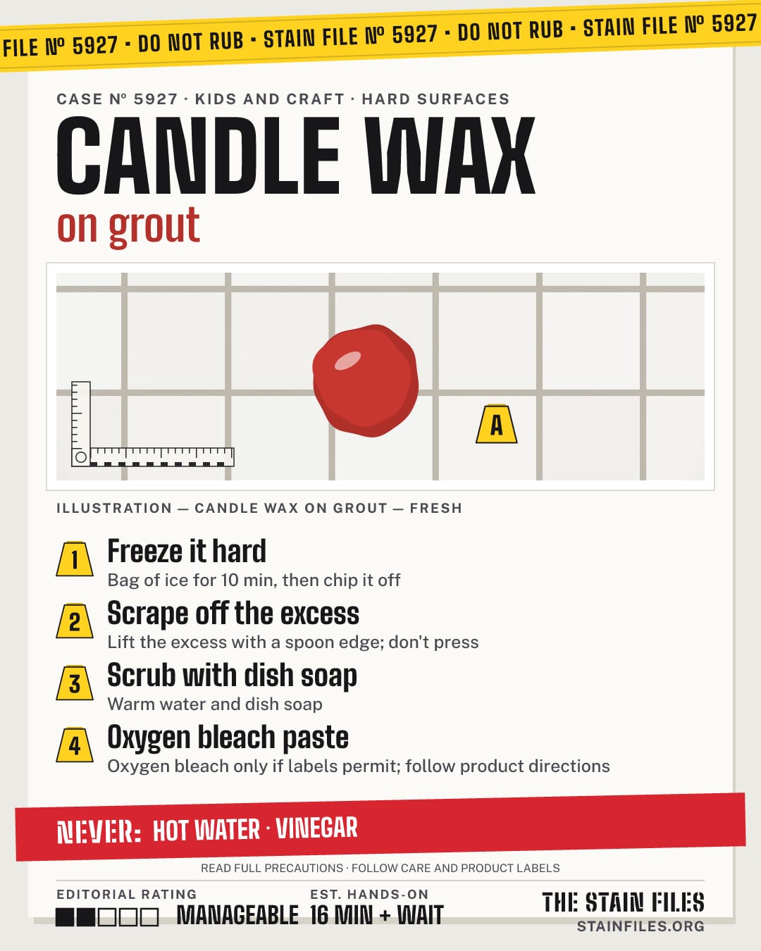 Stain file 5927: how to remove candle wax from grout, step by step, with what never to use
