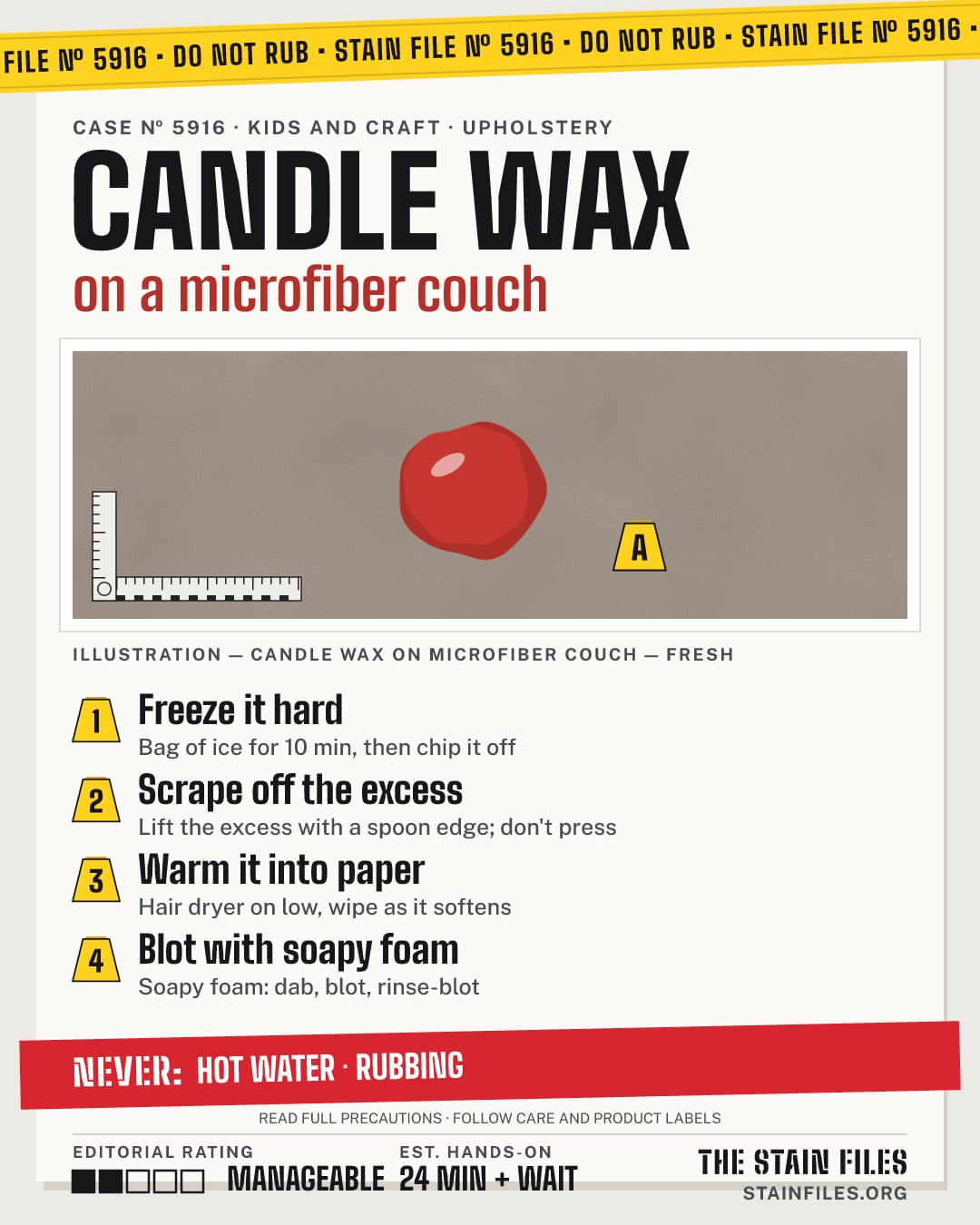 Stain file 5916: how to remove candle wax from a microfiber couch, step by step, with what never to use
