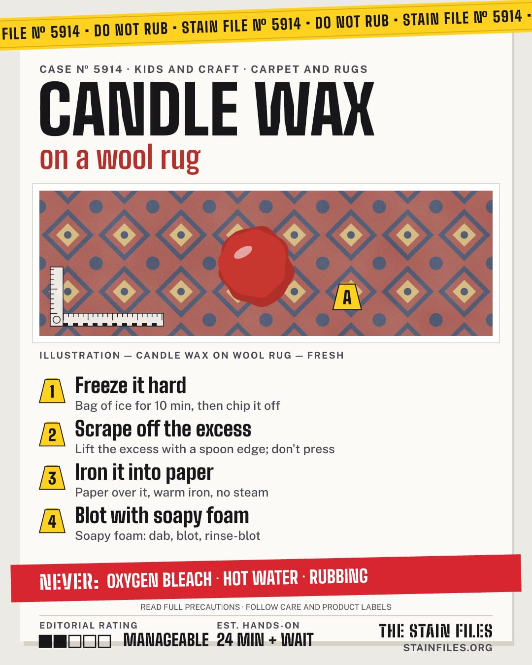 Stain file 5914: how to remove candle wax from a wool rug, step by step, with what never to use