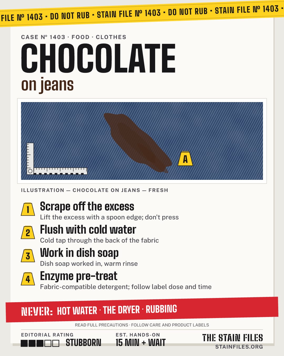 Stain file 1403: how to remove chocolate from jeans, step by step, with what never to use