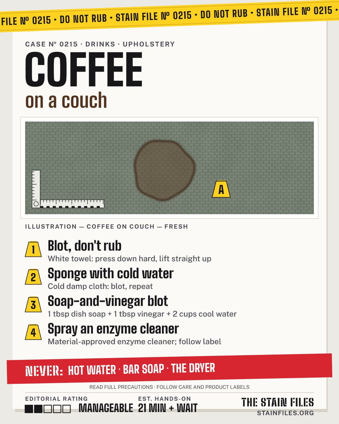 Stain file 0215: how to remove coffee from a couch, step by step, with what never to use