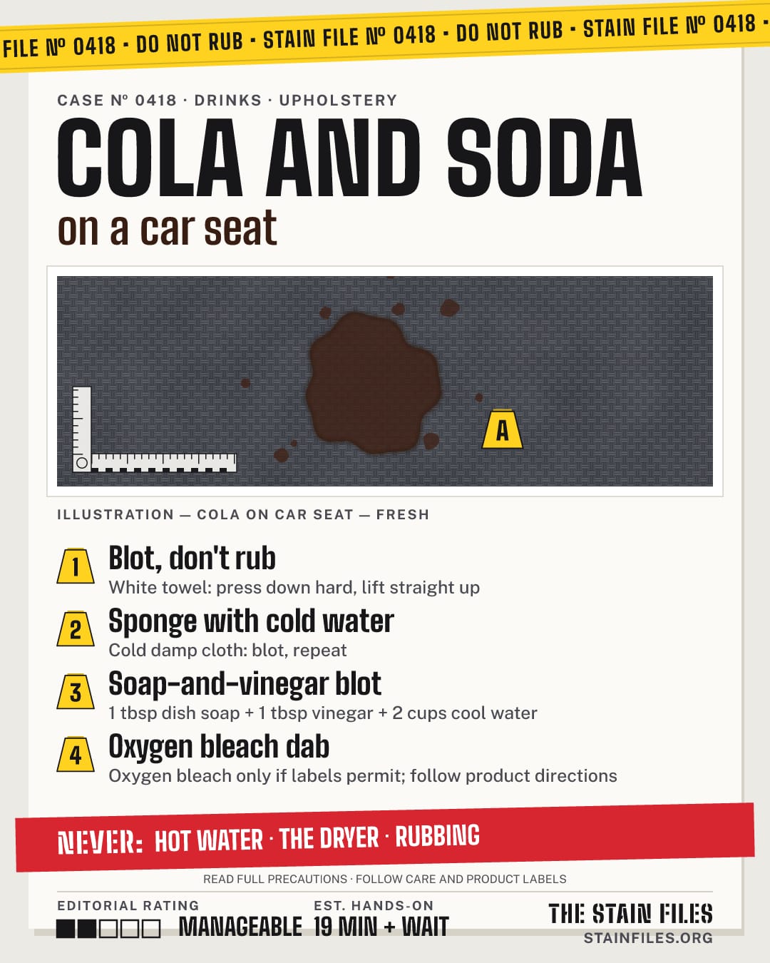 Stain file 0418: how to remove cola from a car seat, step by step, with what never to use