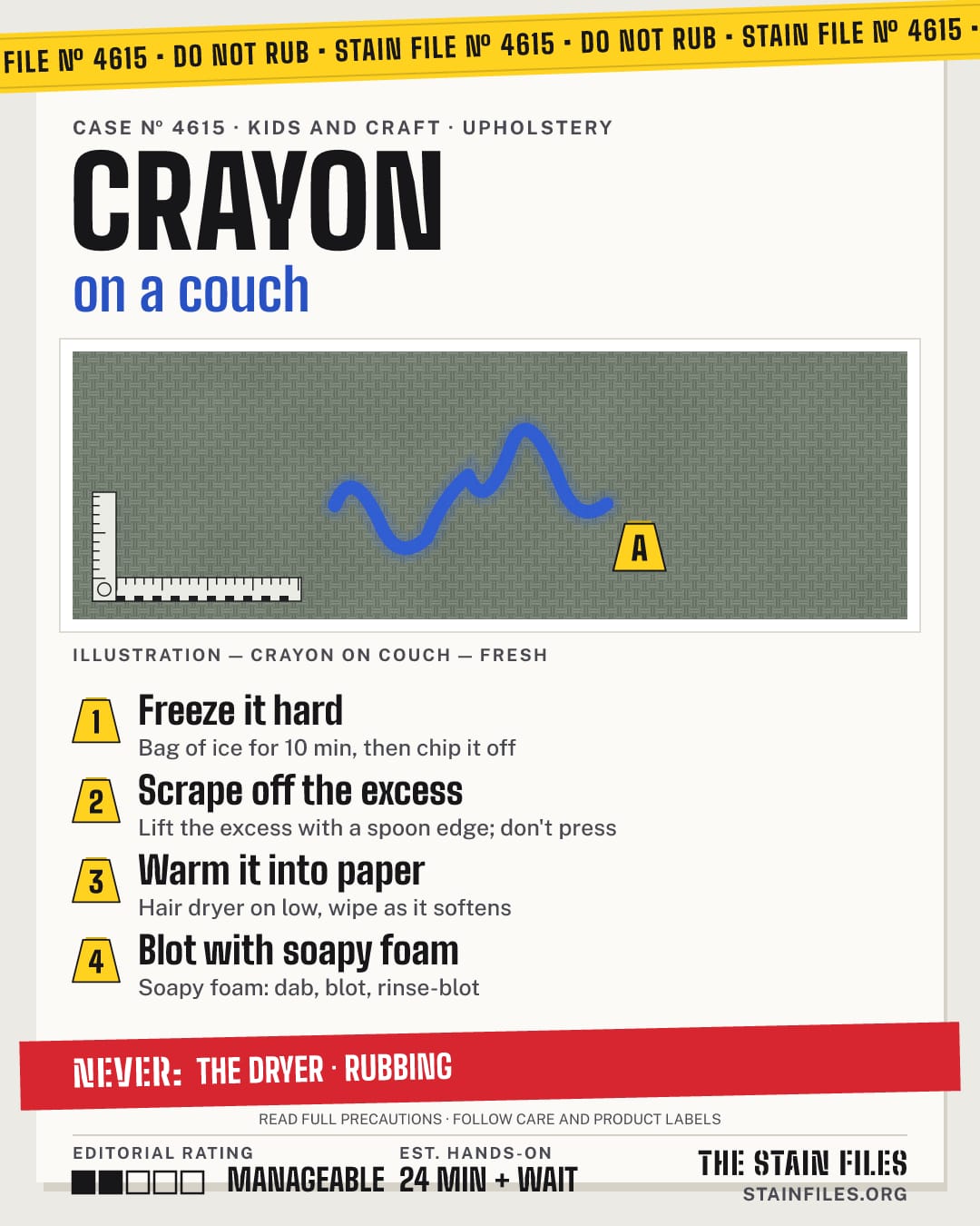 Stain file 4615: how to remove crayon from a couch, step by step, with what never to use