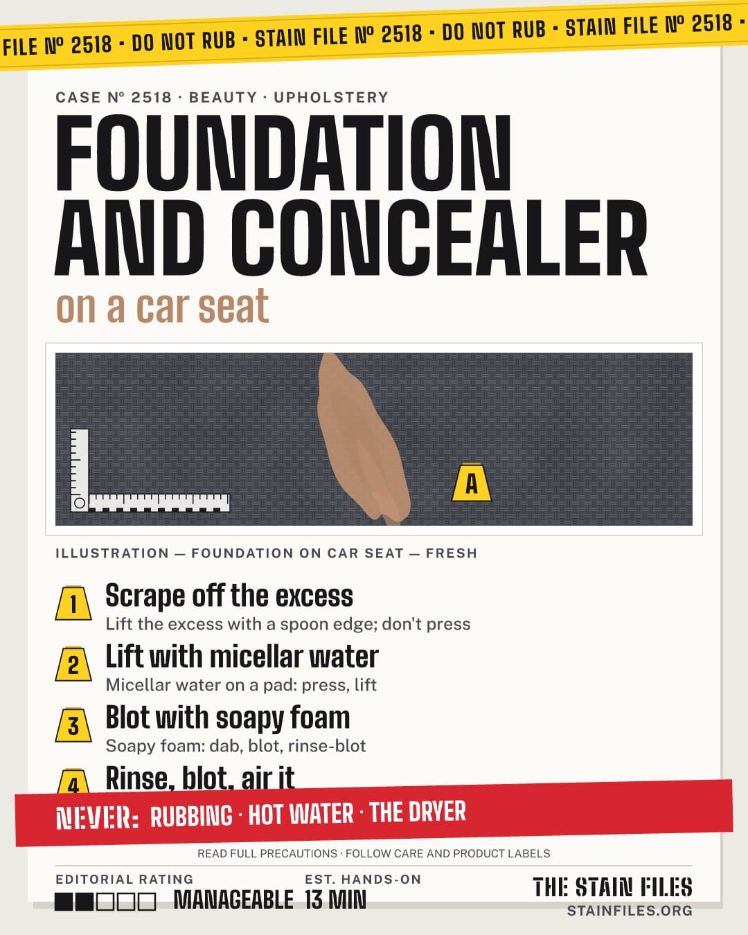 Stain file 2518: how to remove foundation from a car seat, step by step, with what never to use