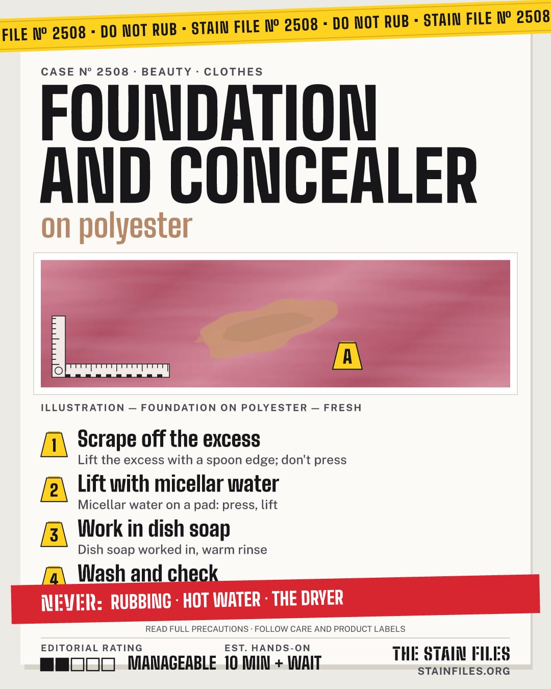 Stain file 2508: how to remove foundation from polyester, step by step, with what never to use