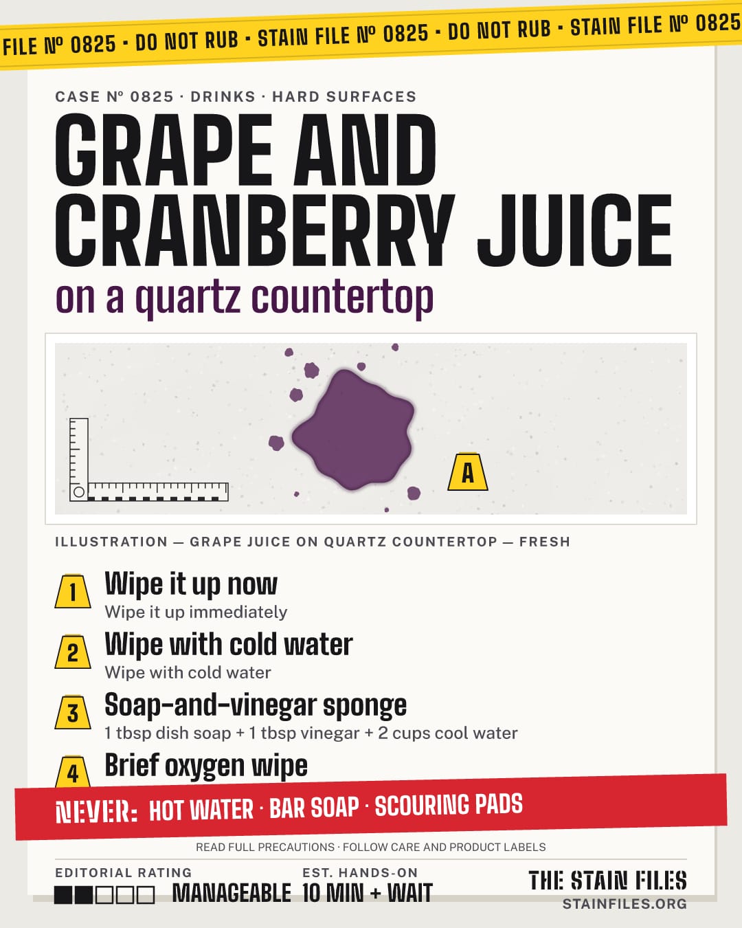 Stain file 0825: how to remove grape juice from a quartz countertop, step by step, with what never to use