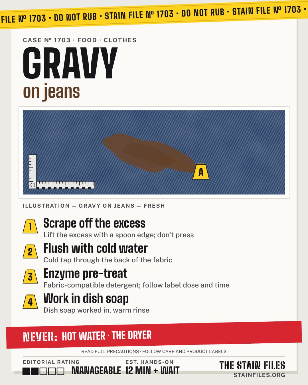 Stain file 1703: how to remove gravy from jeans, step by step, with what never to use