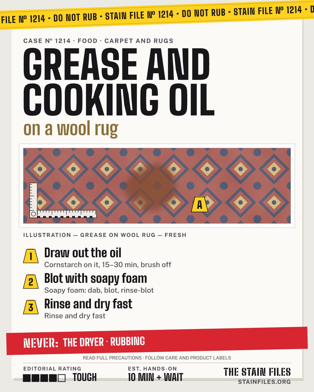 Stain file 1214: how to remove grease from a wool rug, step by step, with what never to use