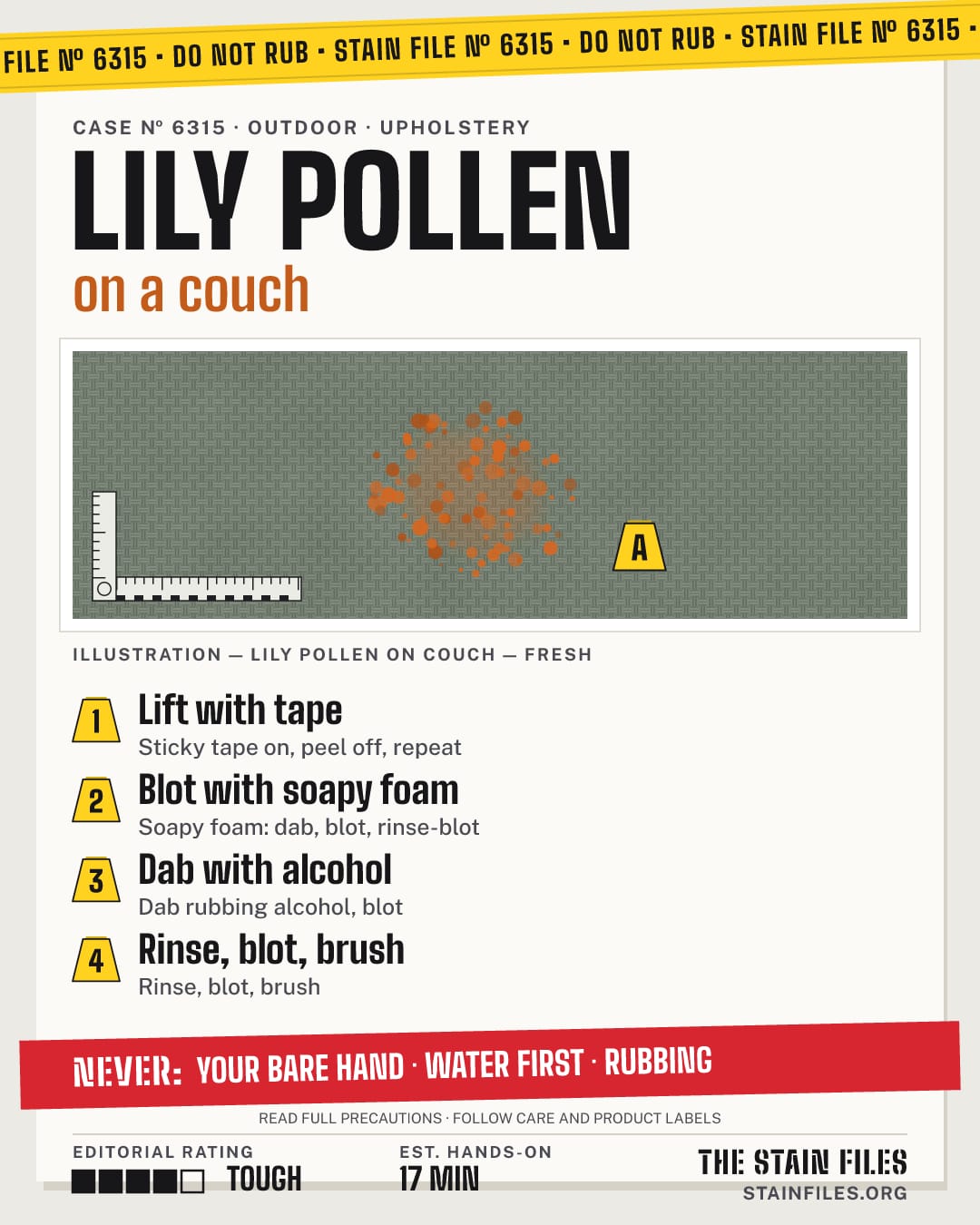 Stain file 6315: how to remove lily pollen from a couch, step by step, with what never to use