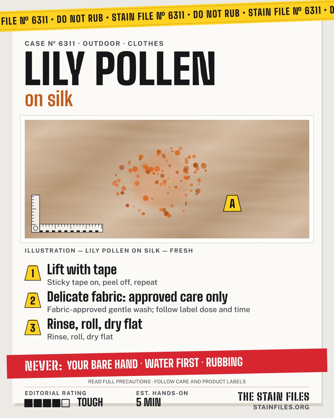 Stain file 6311: how to remove lily pollen from silk, step by step, with what never to use