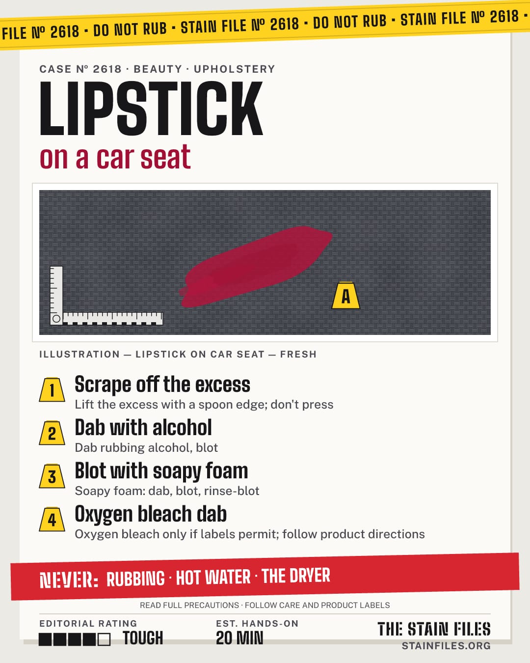 Stain file 2618: how to remove lipstick from a car seat, step by step, with what never to use