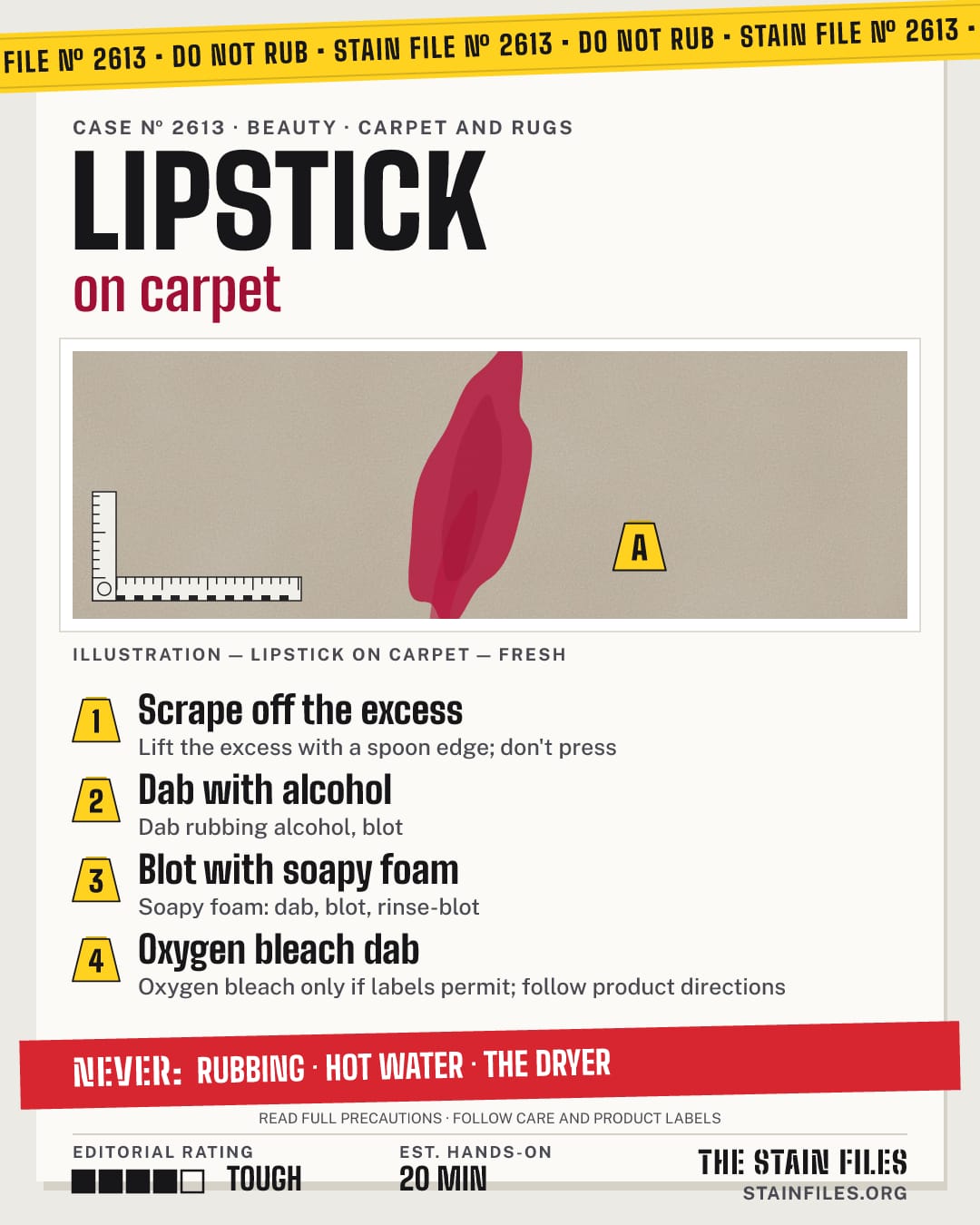 Stain file 2613: how to remove lipstick from carpet, step by step, with what never to use