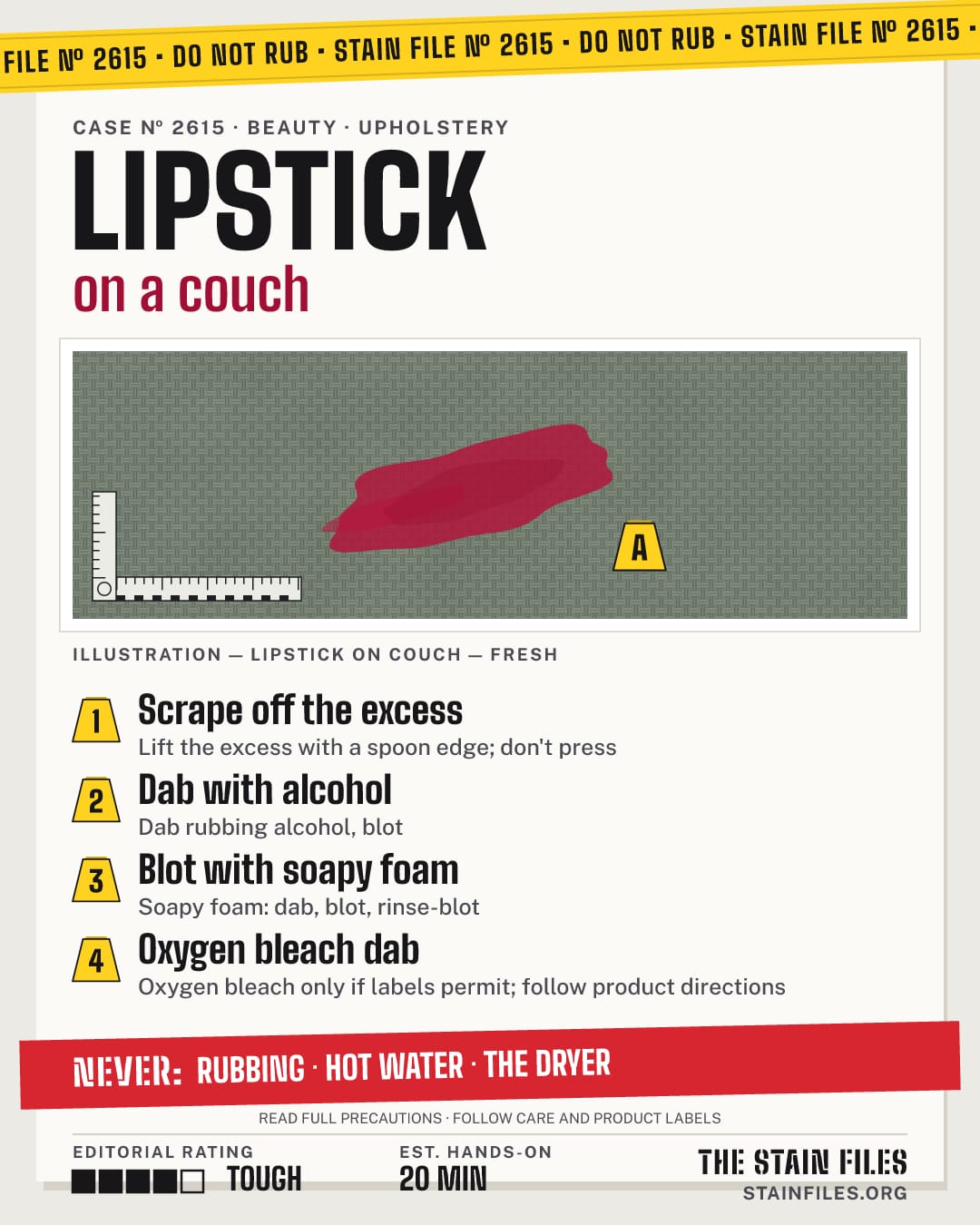 Stain file 2615: how to remove lipstick from a couch, step by step, with what never to use