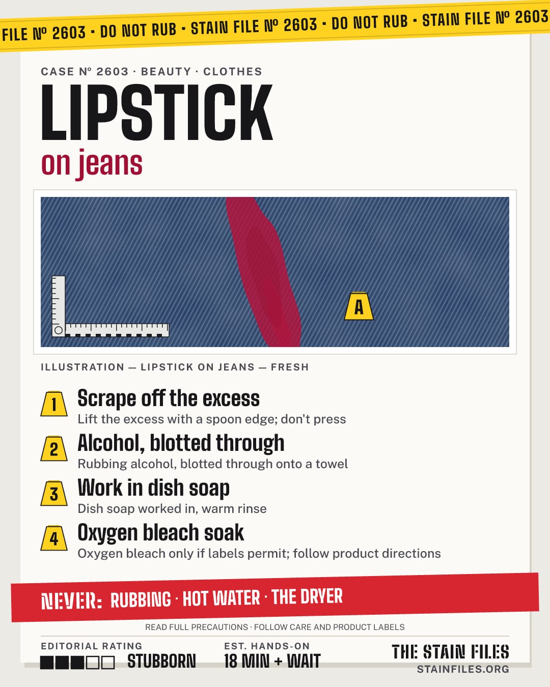 Stain file 2603: how to remove lipstick from jeans, step by step, with what never to use