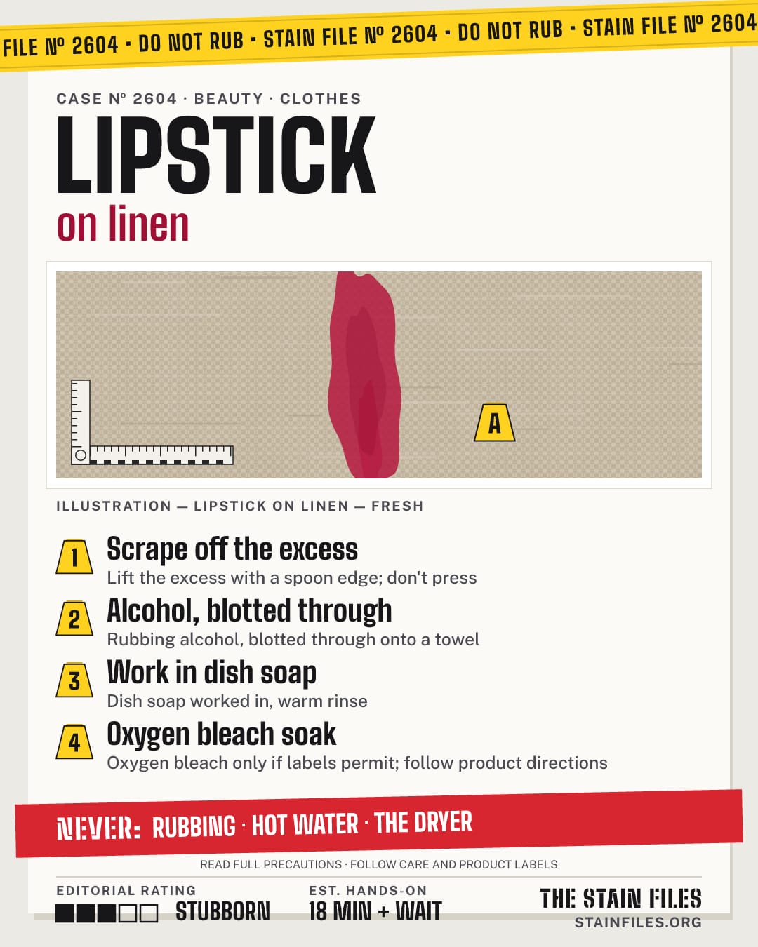 Stain file 2604: how to remove lipstick from linen, step by step, with what never to use