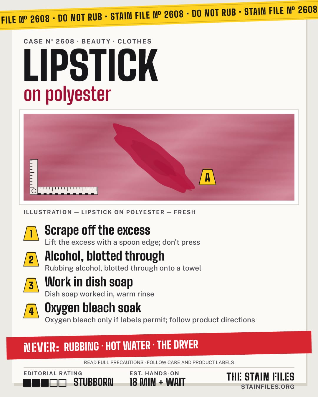 Stain file 2608: how to remove lipstick from polyester, step by step, with what never to use