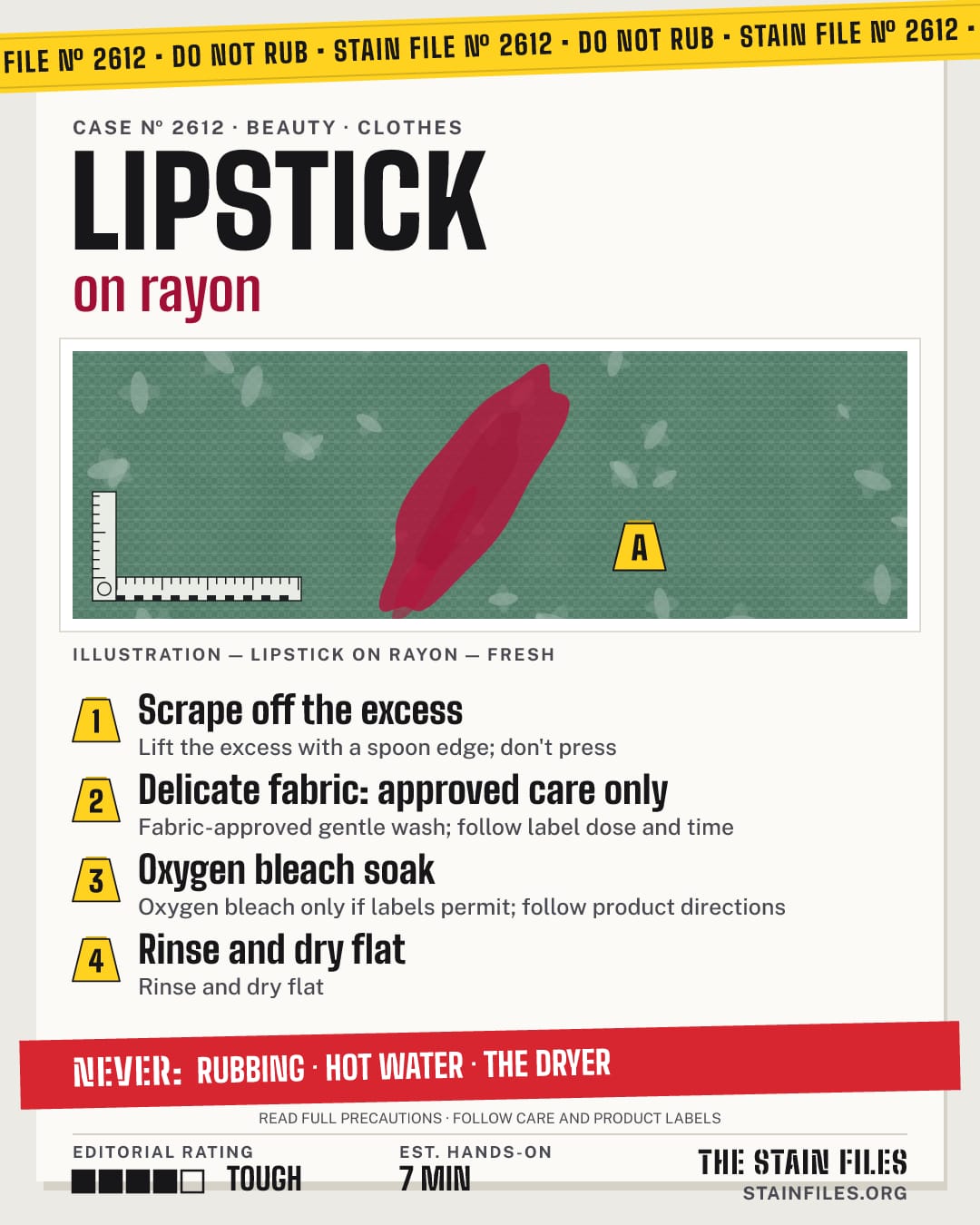 Stain file 2612: how to remove lipstick from rayon, step by step, with what never to use