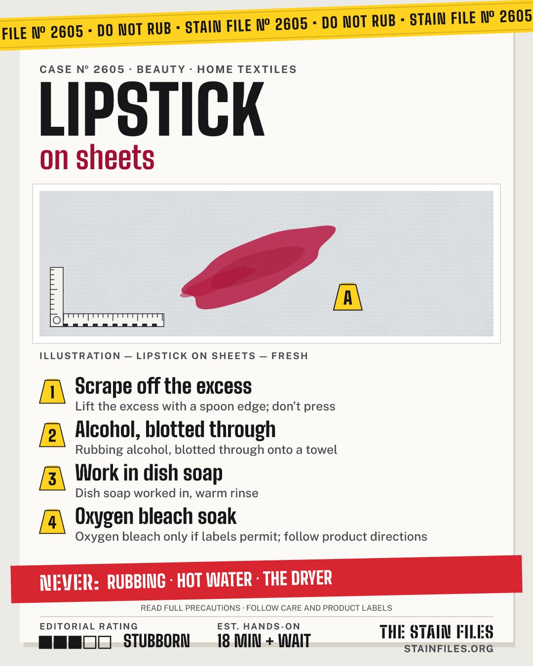 Stain file 2605: how to remove lipstick from sheets, step by step, with what never to use