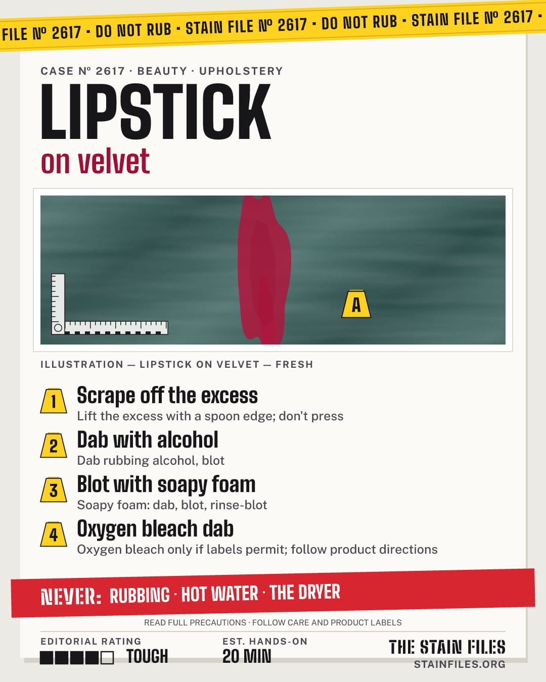 Stain file 2617: how to remove lipstick from velvet, step by step, with what never to use